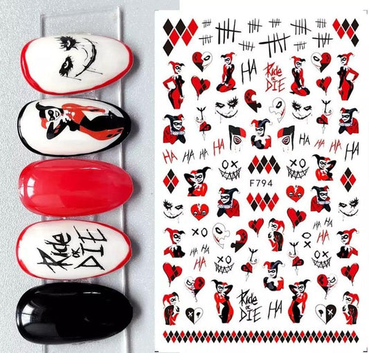 Jester, Quinn, heart, Halloween Finger nail Stickers Gothic  Halloween Nail Stickers Halloween red heart crosses black white, j o k e r