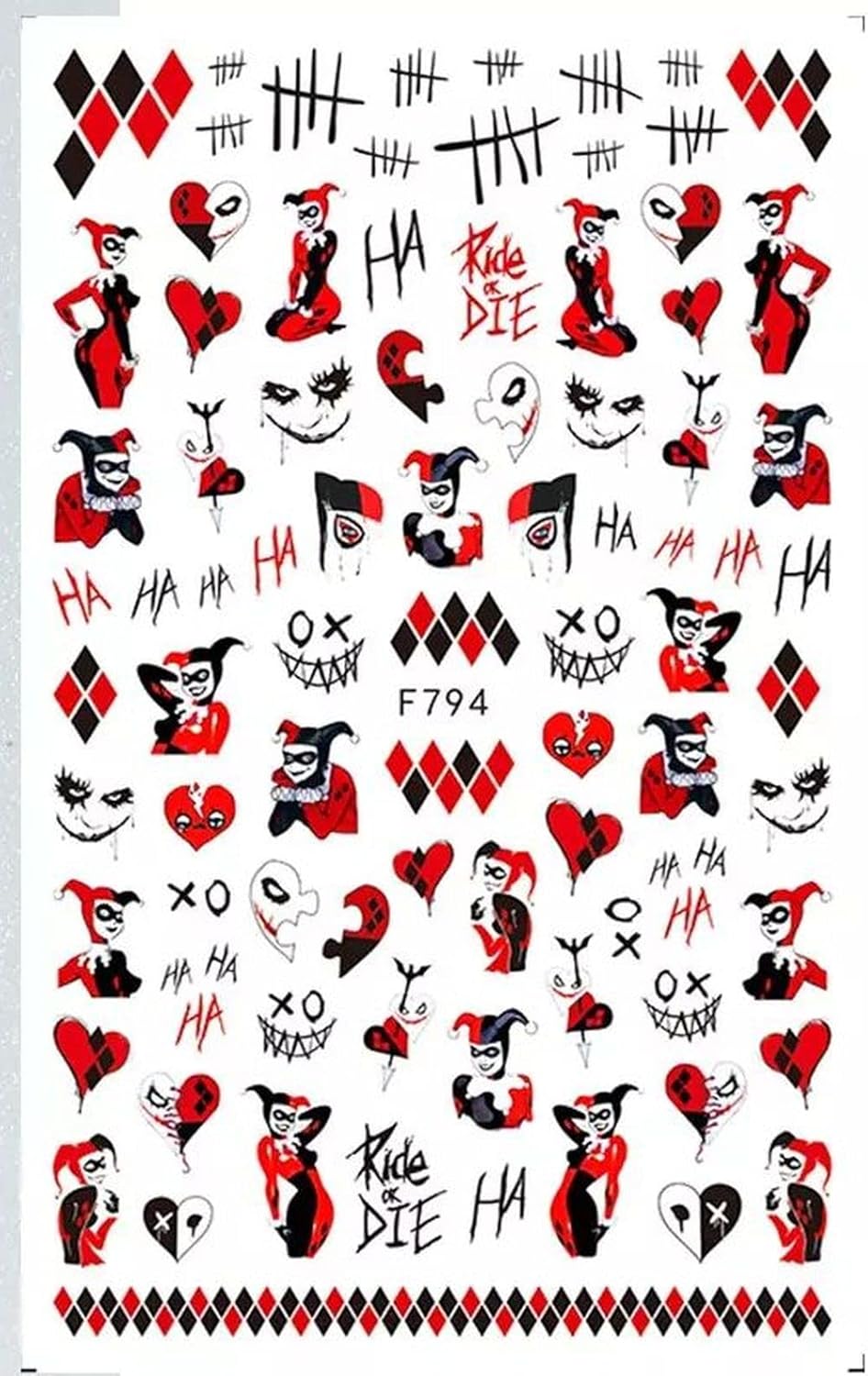 Jester, Quinn, heart, Halloween Finger nail Stickers Gothic  Halloween Nail Stickers Halloween red heart crosses black white, j o k e r
