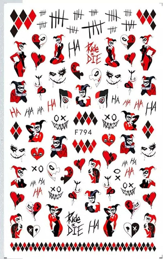 Jester, Quinn, heart, Halloween Finger nail Stickers Gothic  Halloween Nail Stickers Halloween red heart crosses black white, j o k e r