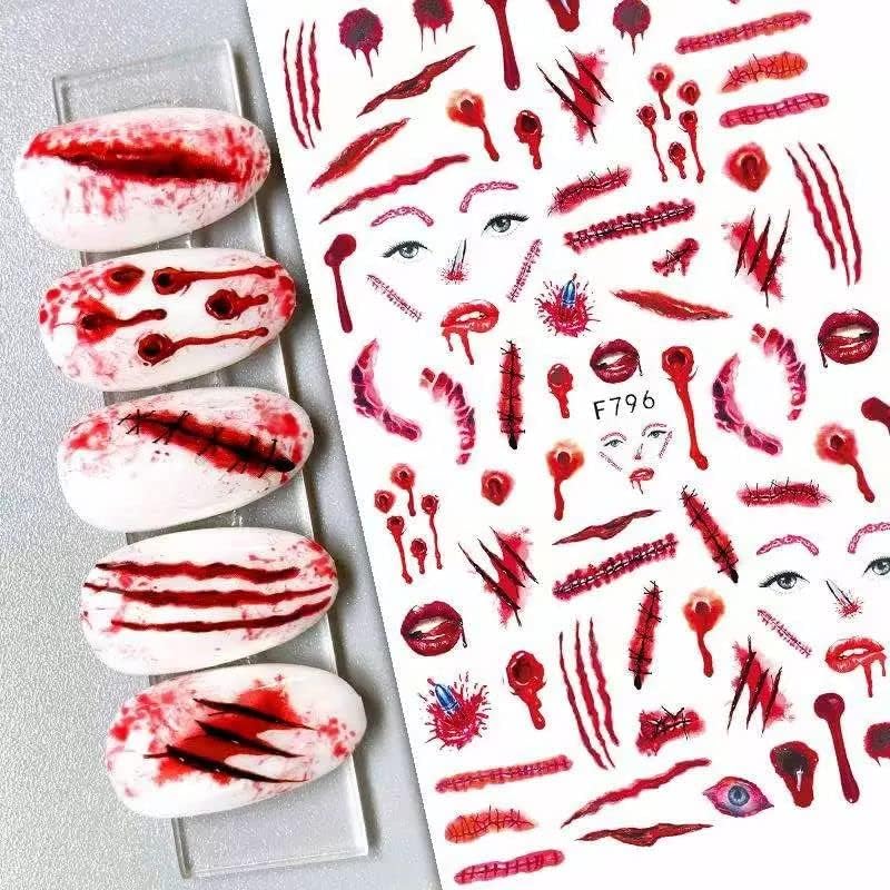 Halloween Horror Nail Stickers – Scars, Scratches, Lips & Eyes Gothic Punk Decals Spooky Nail Art Designs Rockabilly Sticker Nail Art