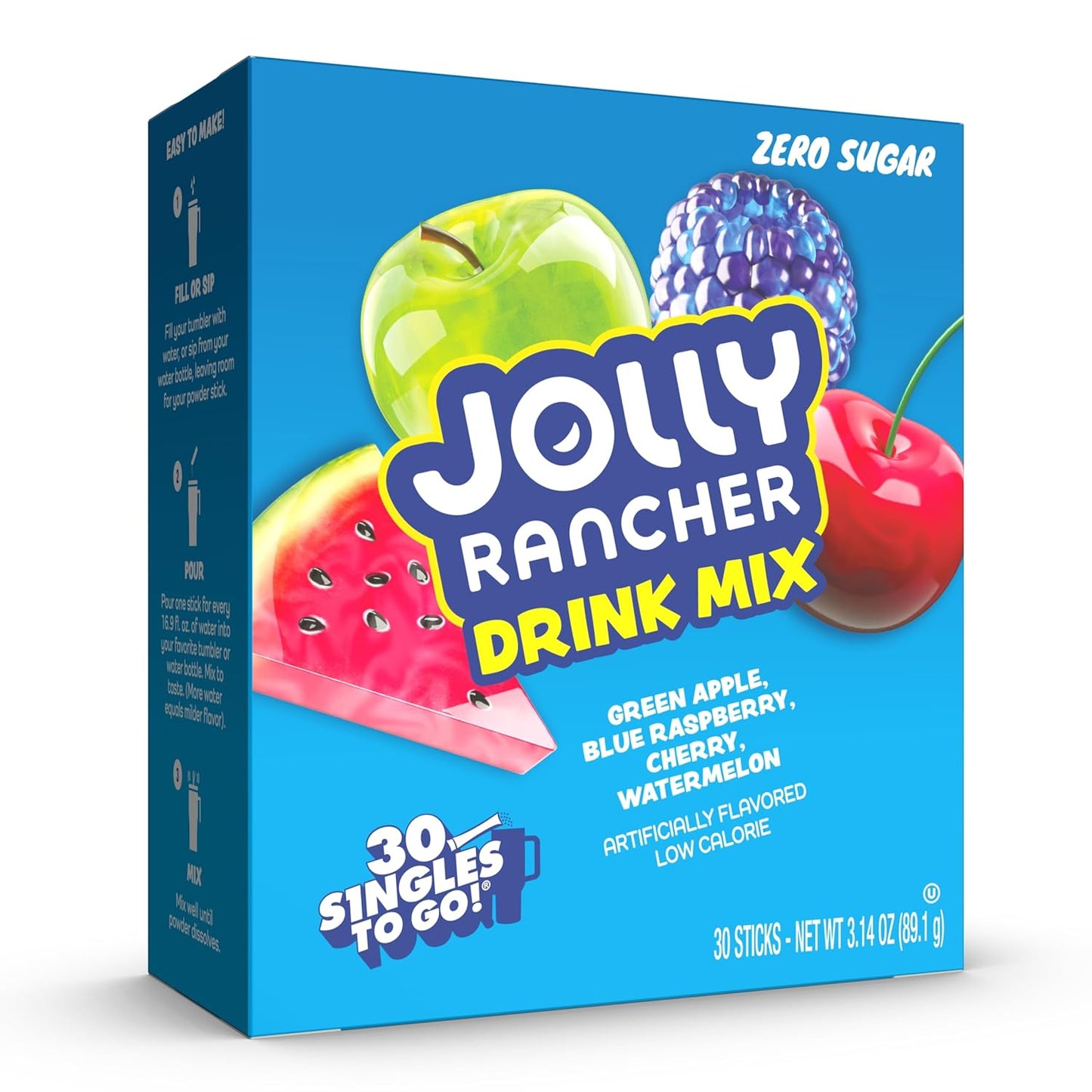 Jolly Rancher Zero Sugar Drink Mix Variety Pack – 30 Singles To Go (89.1g)  – Green Apple, Blue Raspberry, Cherry & Watermelon / Mélange à Boisson Sans Sucre – 30 Portions – Pommes, Framboise Bleue, Cerise & Melon d’Eau