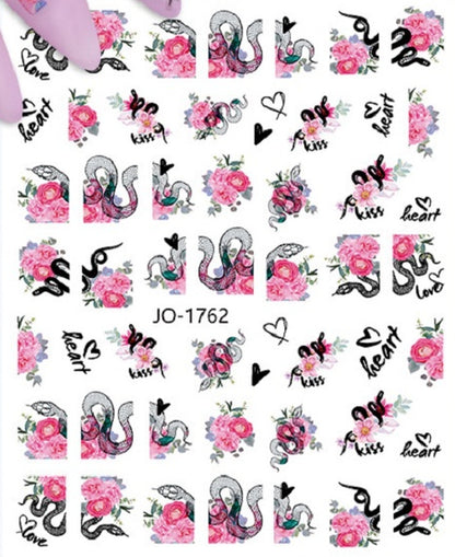 Pink Rose Hearts & Snakes and Floral Nail Stickers for Fingernail Art - Snakes Coil Snake Flowers Gothic Goth Inspired
