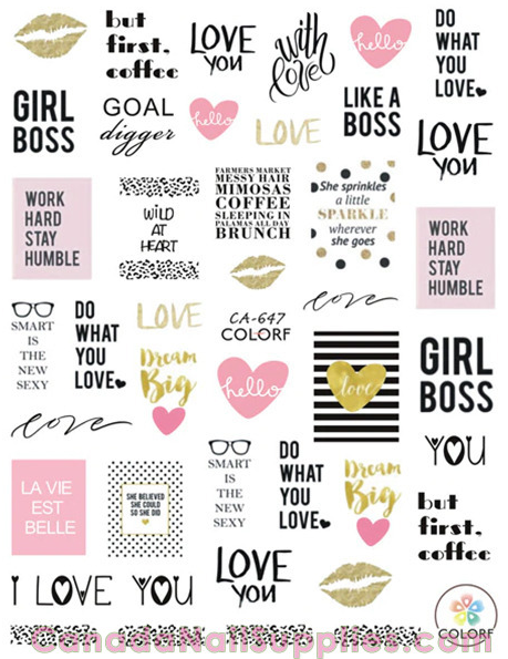 Girl Boss Pink Nail Stickers – Classy Black Gold Motivational Saying Nail Art Decals | Hello Love You Dream Big Designs Fingernail Stickers