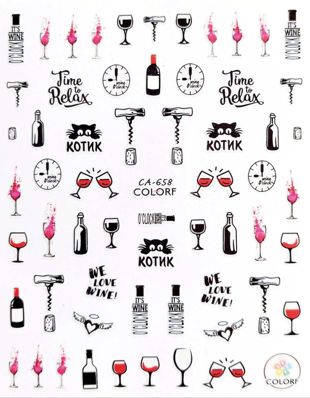 Elegant Wine-Themed Nail Stickers – Classy Pink, Black & Gold Designs Bottles, Glasses Hearts | Autocollants d’Ongles Vin Rouge Chic