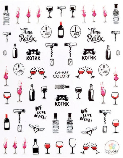 Elegant Wine-Themed Nail Stickers – Classy Pink, Black & Gold Designs Bottles, Glasses Hearts | Autocollants d’Ongles Vin Rouge Chic