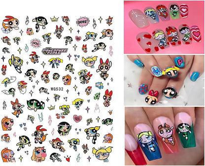 Superhero Funtastic Nail Art Stickers: Relive Nostalgia with Power Puff Girls! Vibrant Green, Pink, Red Power Heroes, Stars & Crowns Decals