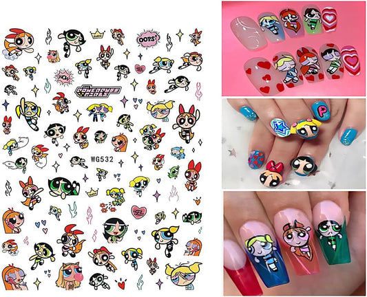 Superhero Funtastic Nail Art Stickers: Relive Nostalgia with Power Puff Girls! Vibrant Green, Pink, Red Power Heroes, Stars & Crowns Decals