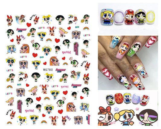 Superhero Funtastic Nail Art Stickers - Nostalgia Power Puff Girls Cartoon nail Stickers - Green - Pink - Red Super Hero - Rainbow - Hearts