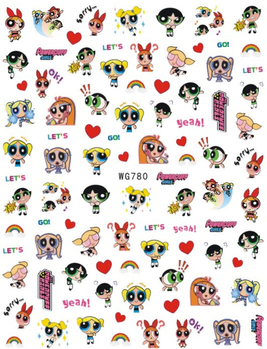 Superhero Funtastic Nail Art Stickers - Nostalgia Power Puff Girls Cartoon nail Stickers - Green - Pink - Red Super Hero - Rainbow - Hearts