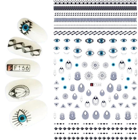 Evil Eye Nail Art Stickers – Blue Eye Protection Symbols, Geometric Lines & Boho Minimalist Decals for Manicure Designs - Hamsa style