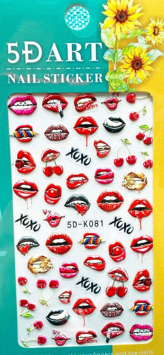 5D Fingernail Art Stickers with XOXO Cherries Cigarette Lips Mouth Bite Lips Black Lipstick Cherry Kiss Tongue Nail Art Stickers