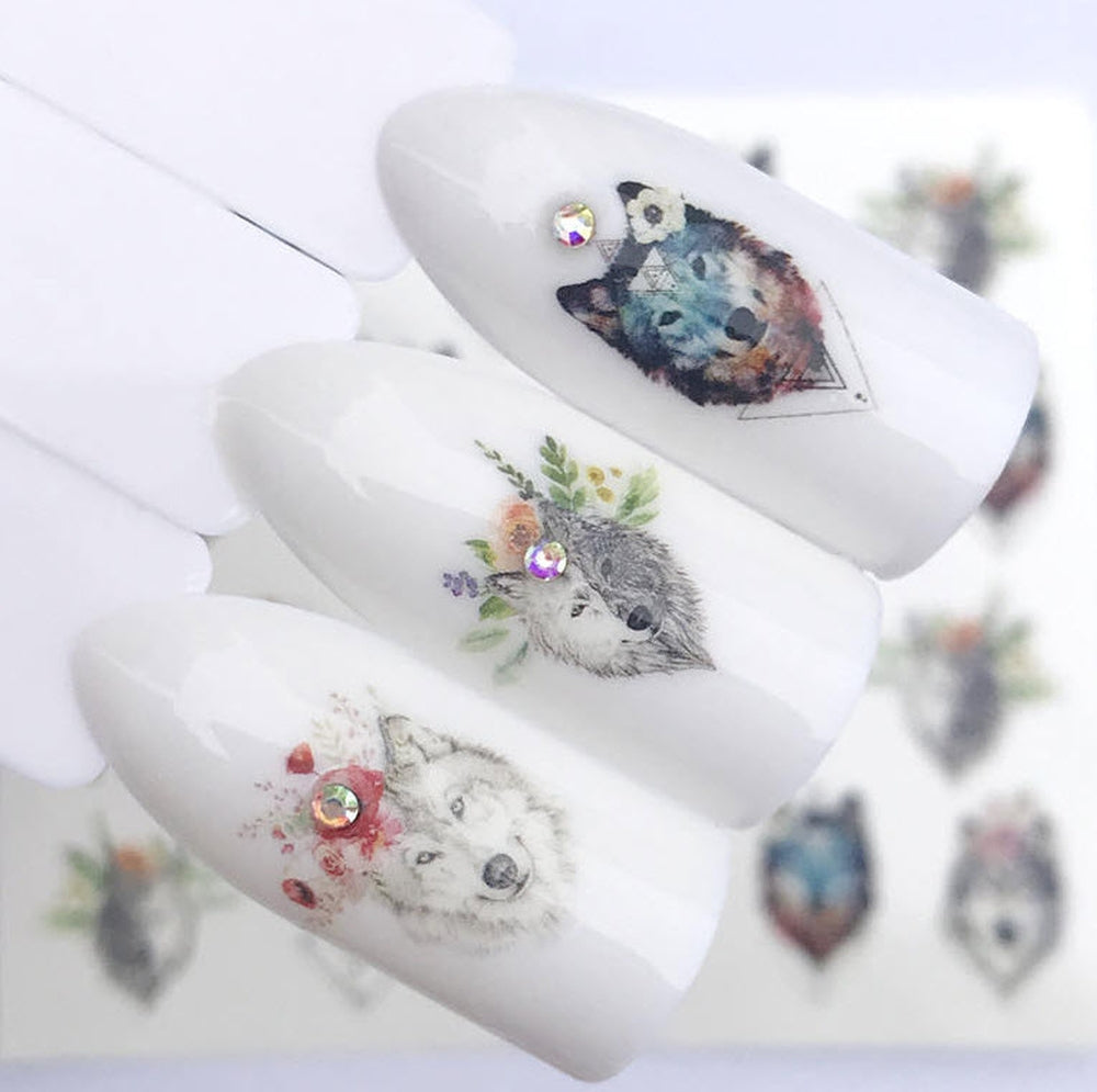 Spiritual Totem Wolf Spirit Abstract Boho Wolf Water Transfer Nail Decals – Floral & Geometric Wolf Head Designs, Nature Animal Manicure Art