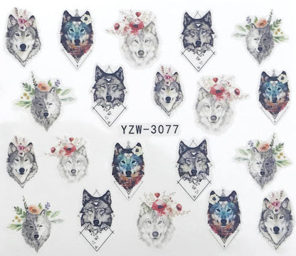 Spiritual Totem Wolf Spirit Abstract Boho Wolf Water Transfer Nail Decals – Floral & Geometric Wolf Head Designs, Nature Animal Manicure Art
