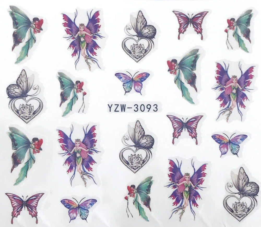 Fairies Fairy & Butterfly Water Transfer Nail Decals – Fantasy Wings, Floral Heart Designs, Magical Manicure Art