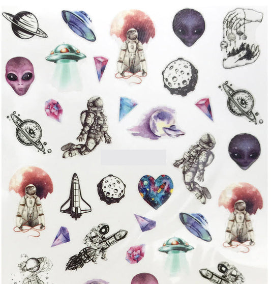 Area 51 inspired Decals Alien Space Water Transfer Nail Decals – Astronaut UFO Planet Moon Galaxy Nail Stickers, Sci-Fi Nail Art Manicure