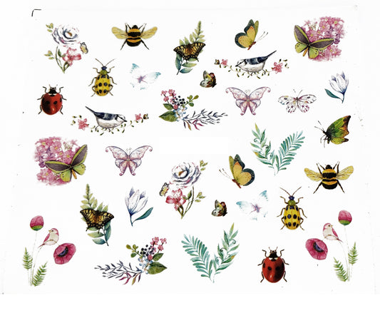 Watercolor Garden Water Transfer Nail Decals Butterfly Bird Bee Ladybug Floral Nail Stickers Spring Nail Art DIY Craft