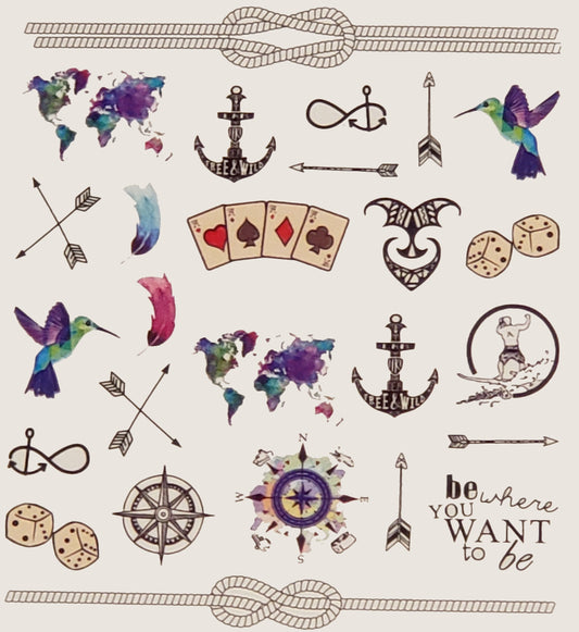 Boho Adventure Travel Water Transfer Nail Decals Compass Anchor Arrow Hummingbird Map Feather Nail Stickers Wanderlust Nail Art DIY Craft