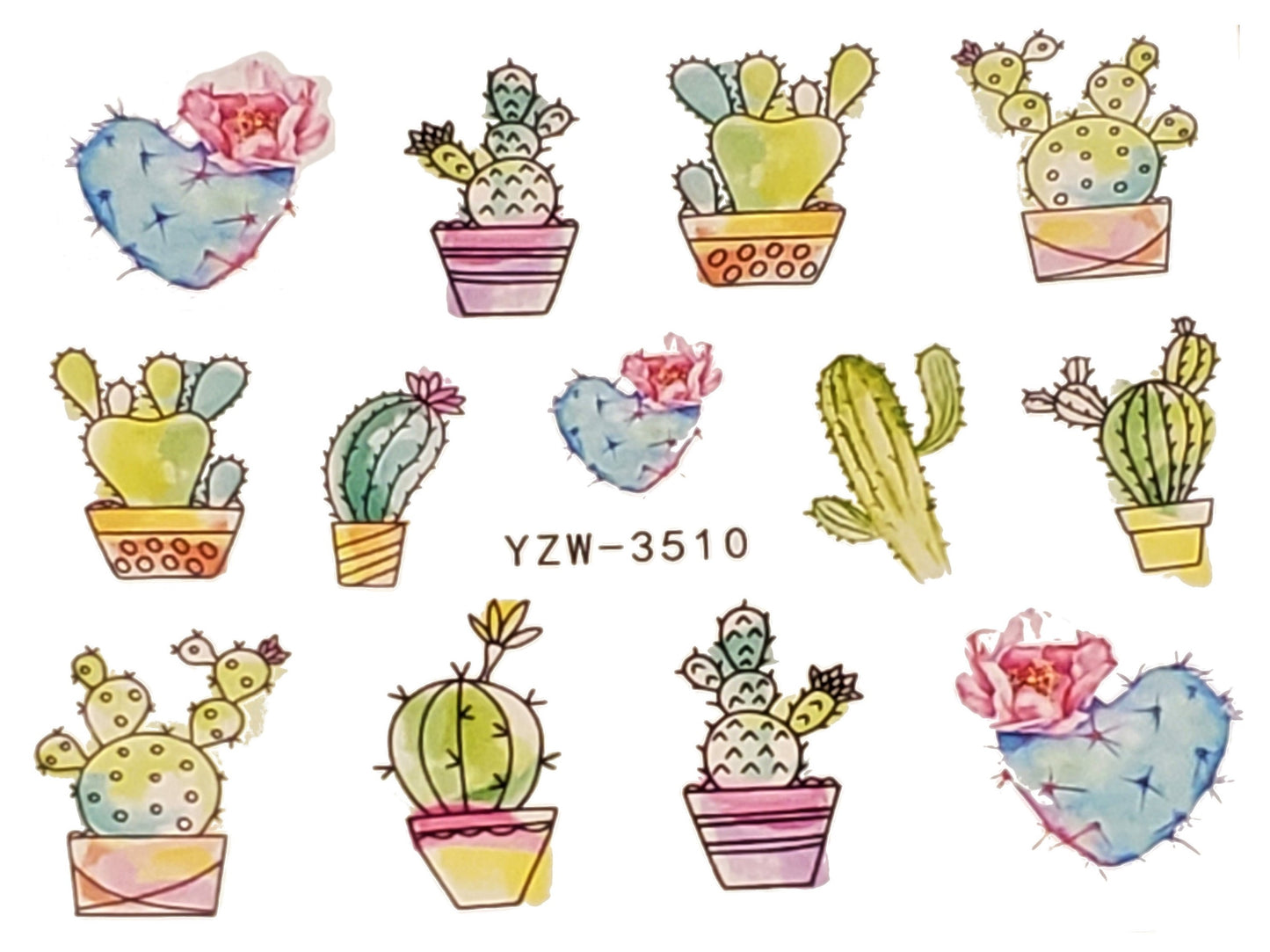 Cute Cactus Water Transfer Nail Decals Kawaii Succulent Plant Nail Stickers Desert Boho Nail Art Manicure DIY Craft - Green Blue Pink Cacti