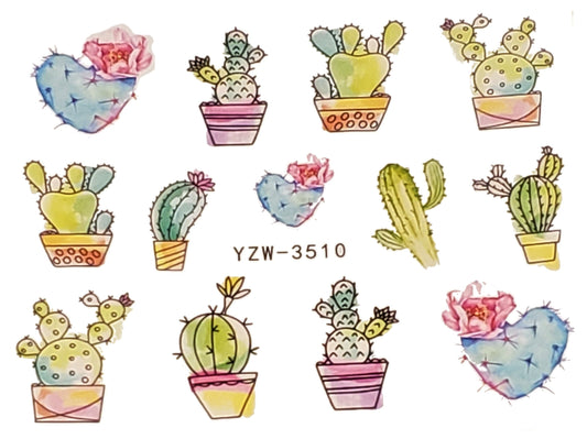 Cute Cactus Water Transfer Nail Decals Kawaii Succulent Plant Nail Stickers Desert Boho Nail Art Manicure DIY Craft - Green Blue Pink Cacti