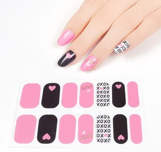 Valentine Heart Nail Wraps Pink Black Love Nail Strips XO Kiss Nail Stickers Romantic Nail Art Wraps Cute Valentine Nails XoXo I Love You