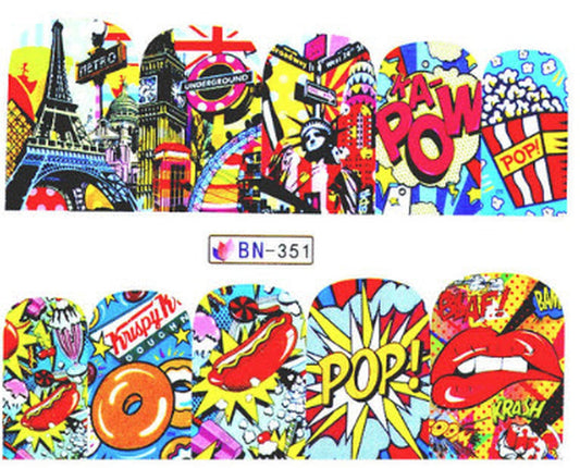 Pop Art Comic Water Transfer Nail Decals Retro Comic Nail Art Stickers Cartoon Pop Art Nails Graffiti Comic Style Nail Designs