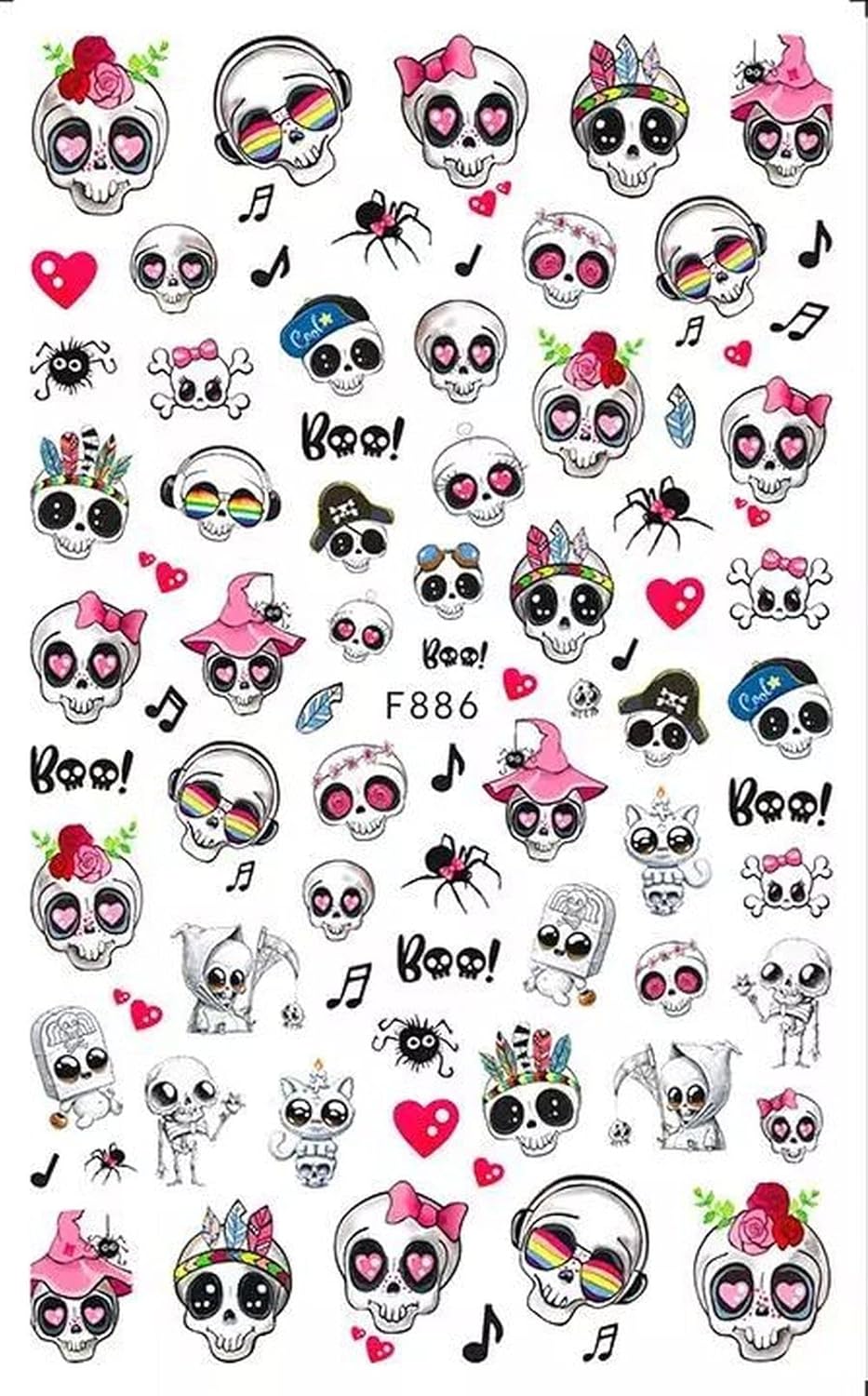 Cute Skull Nail Art Stickers – Kawaii Gothic Halloween Decals Pink Hearts Flowers Punk Rockabilly Nail Designs Spooky Cute Nails - Flowers