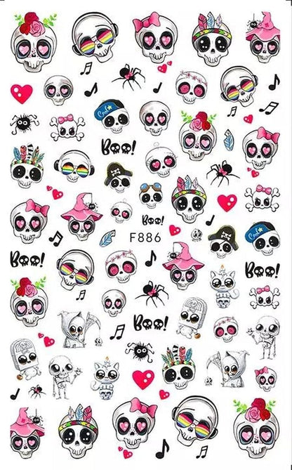 Cute Skull Nail Art Stickers – Kawaii Gothic Halloween Decals Pink Hearts Flowers Punk Rockabilly Nail Designs Spooky Cute Nails - Flowers