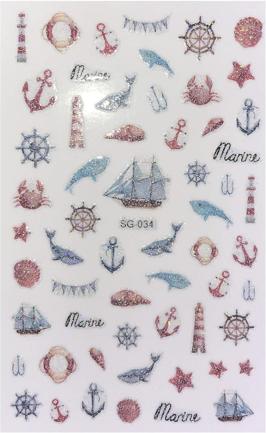 Nautical Nail Art Stickers – Glitter Marine Ocean Decals Anchor Lighthouse Whale Crab Starfish Summer Beach Nails Design - Anchors  Sea Life