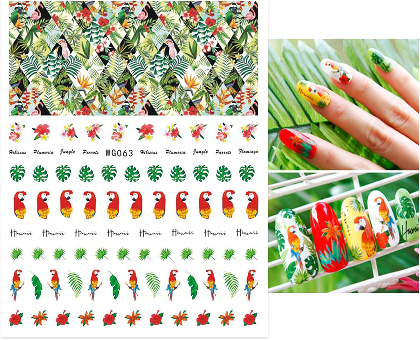 Paradise on Your Fingertips: Tropical Inspired Nail Art Stickers with Hibiscus, Palm Leaves, and Parrots - Vibrant Designs!