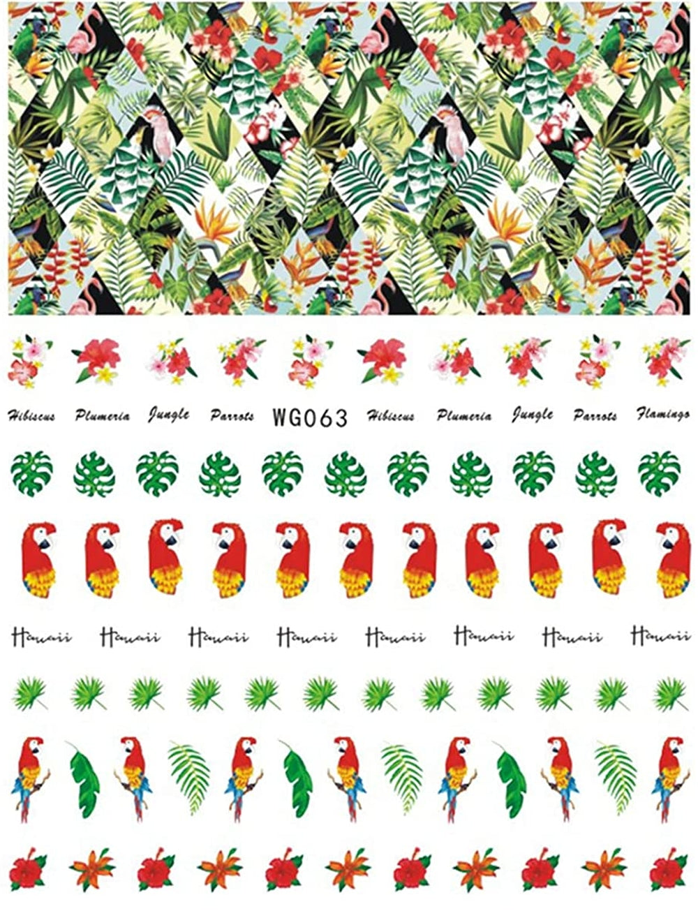 Paradise on Your Fingertips: Tropical Inspired Nail Art Stickers with Hibiscus, Palm Leaves, and Parrots - Vibrant Designs!