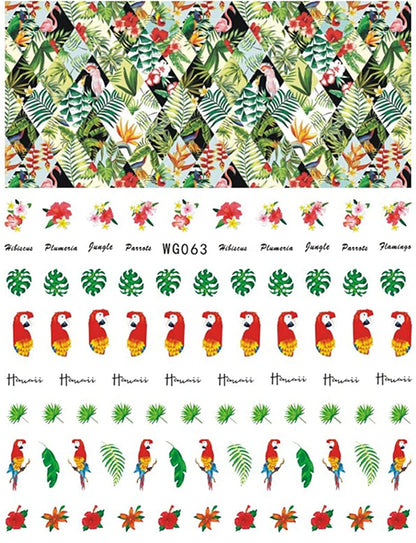 Paradise on Your Fingertips: Tropical Inspired Nail Art Stickers with Hibiscus, Palm Leaves, and Parrots - Vibrant Designs!