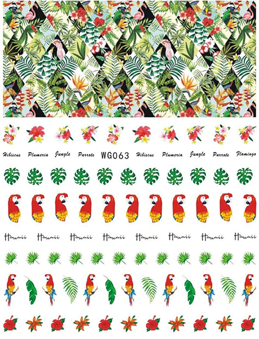 Paradise on Your Fingertips: Tropical Inspired Nail Art Stickers with Hibiscus, Palm Leaves, and Parrots - Vibrant Designs!
