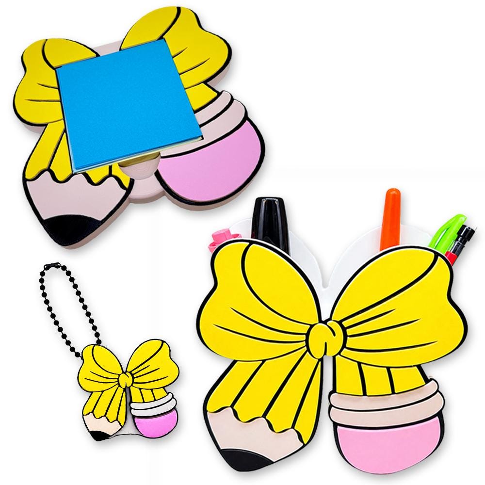 Pencil Bow Pen Holder, Sticky Note Holder & Can Opener, Teacher Appreciation Gift Set, 3D Printed Desk Accessory for Classroom Office + Home