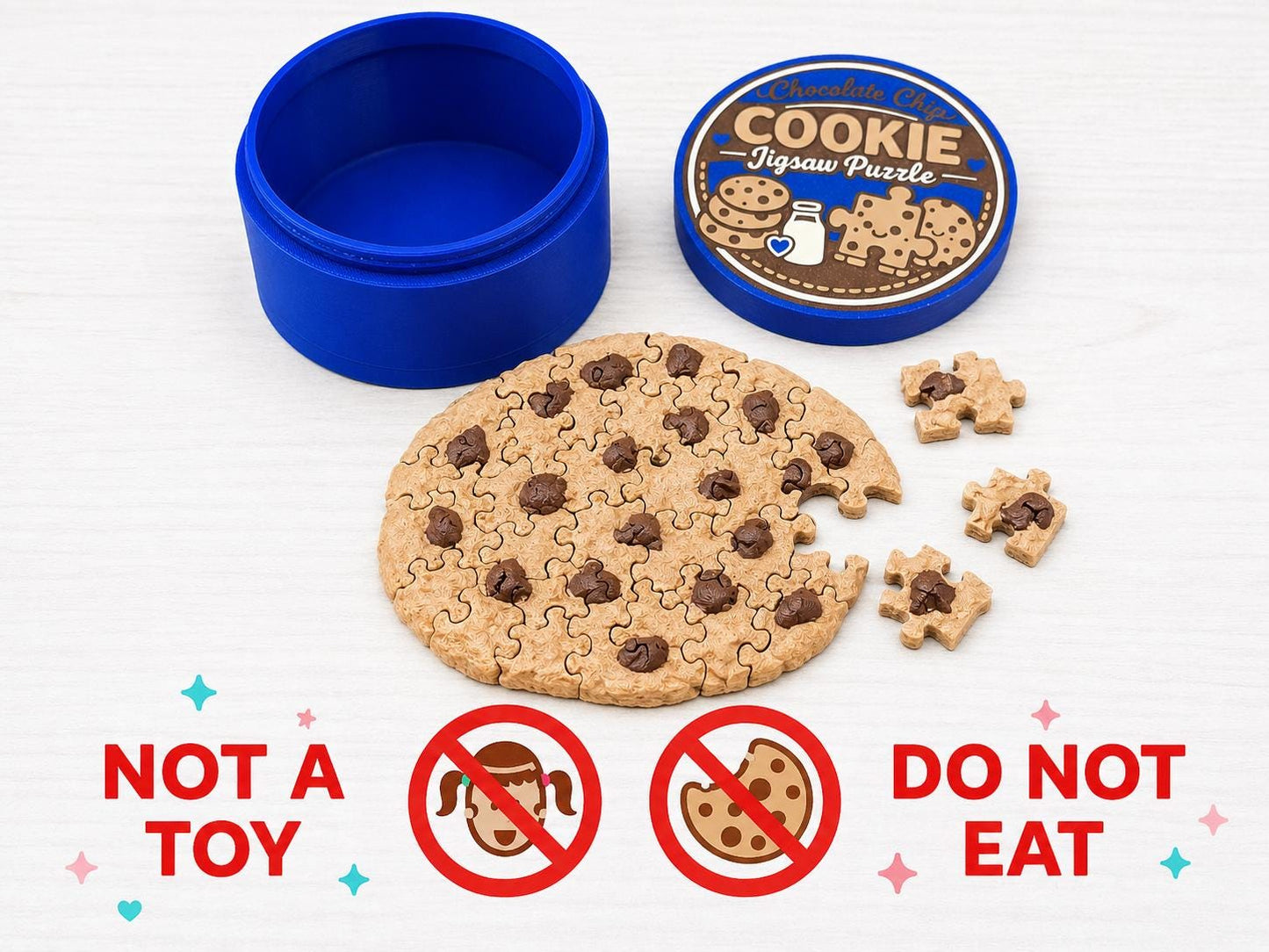 3D Printed Chocolate Chip Cookie Puzzle, 62-Piece Adult Jigsaw Puzzle, Cookie Puzzle Gift, Novelty Puzzle with Cookie Tin Container