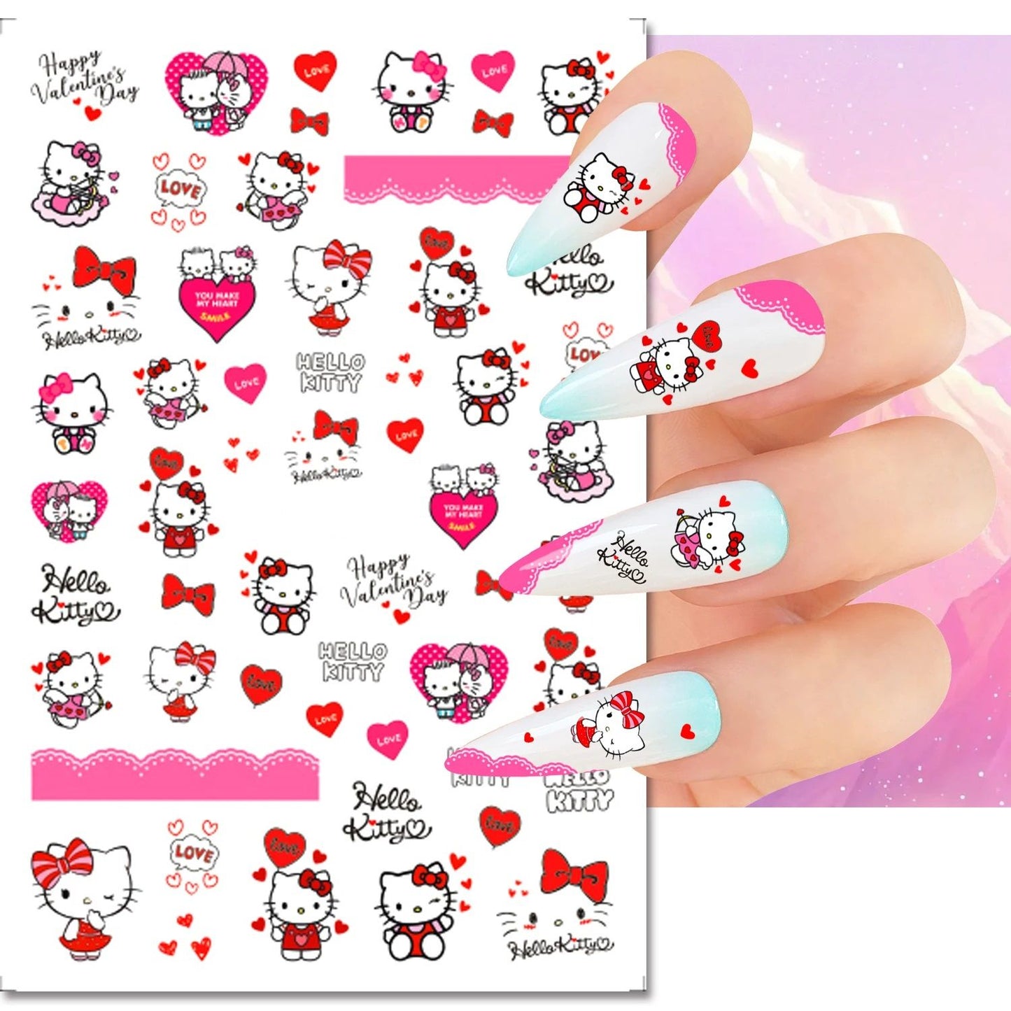 Kitty Nail Stickers - Perfect for Valentine's Day - Cute Red Bow Cat, Hearts & Love Balloons, Pink Kawaii Nail Art Decals Heart Hot Pink