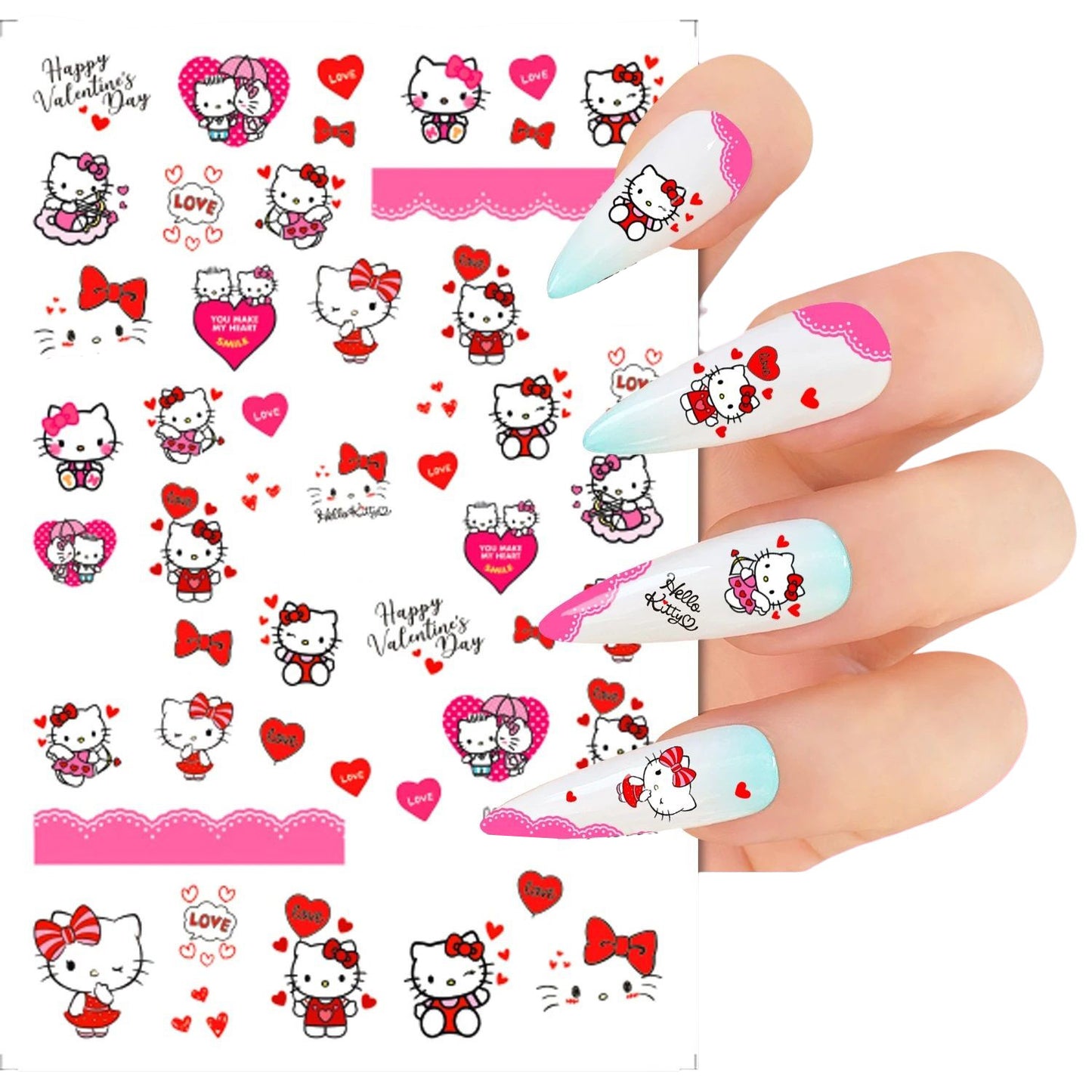 Kitty Nail Stickers - Perfect for Valentine's Day - Cute Red Bow Cat, Hearts & Love Balloons, Pink Kawaii Nail Art Decals Heart Hot Pink