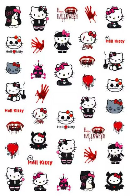 Hello Happy Halloween Kitty Nail Art Stickers – Spooky-Cute Vampire Skull & Bloody Designs Nail Decals for Nails | Red Bow Kitty Stickers