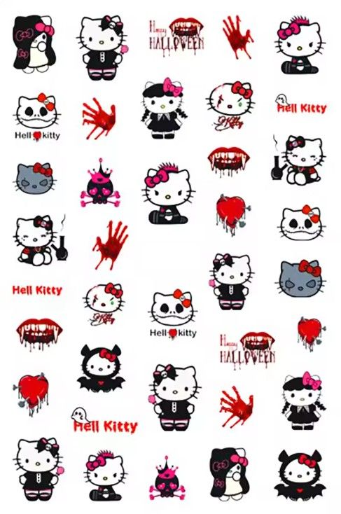 Hello Happy Halloween Kitty Nail Art Stickers – Spooky-Cute Vampire Skull & Bloody Designs Nail Decals for Nails | Red Bow Kitty Stickers