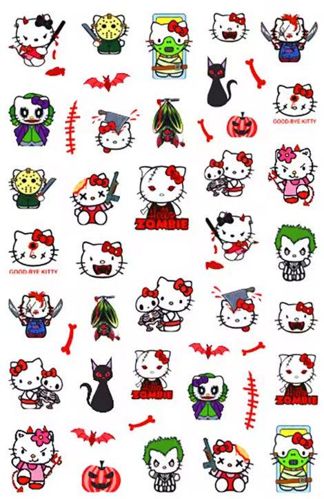 Kitty nail stickers - hello halloween, spooky cute cats, red bats & bones, black cat pumpkin - kawaii nail art decals for gel, acrylic nails