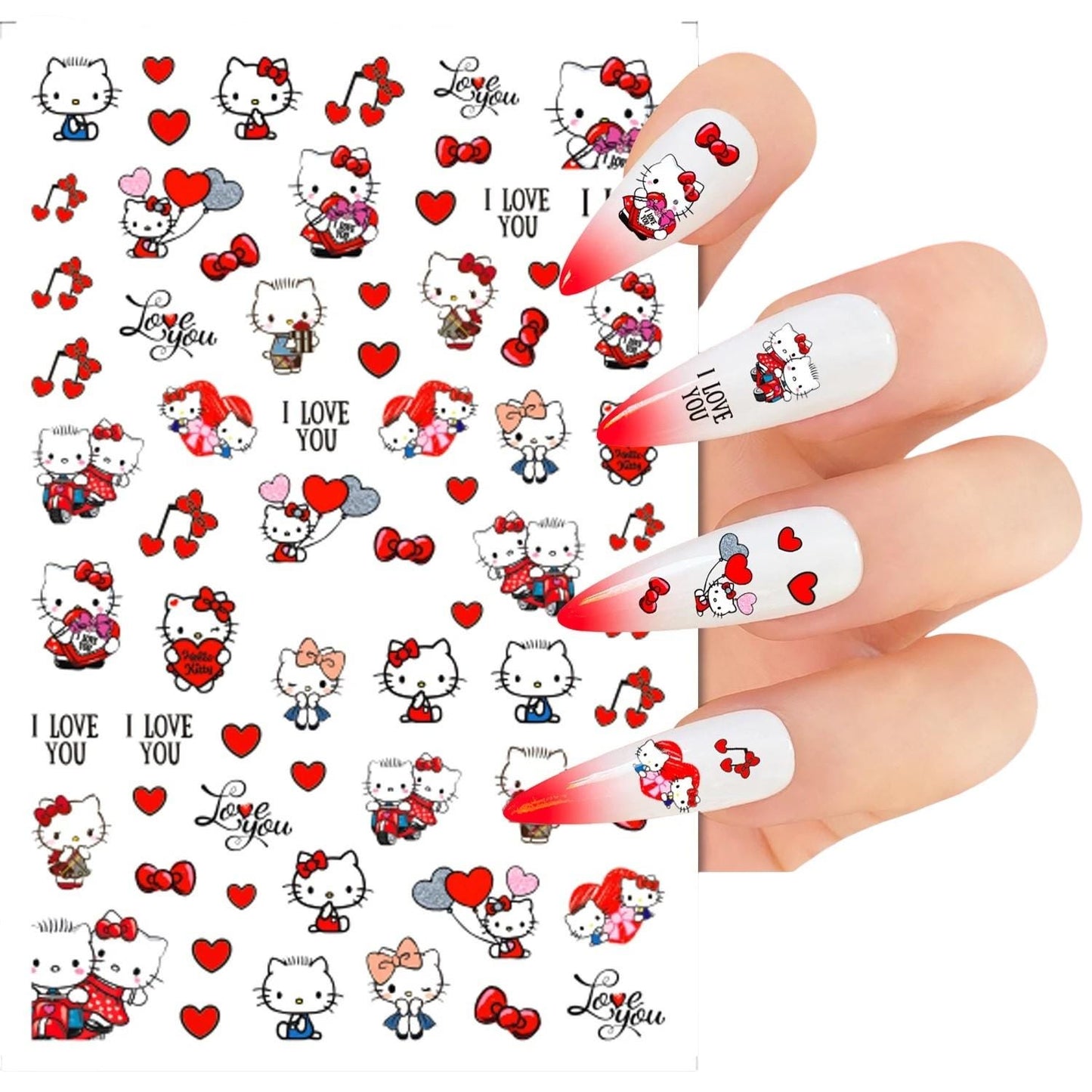 Kitty Nail Stickers – Valentine’s Day Kawaii Cats, Red & Pink Bows, Music Notes  Love Balloons – Cute “I Love You” Nail Art Decals
