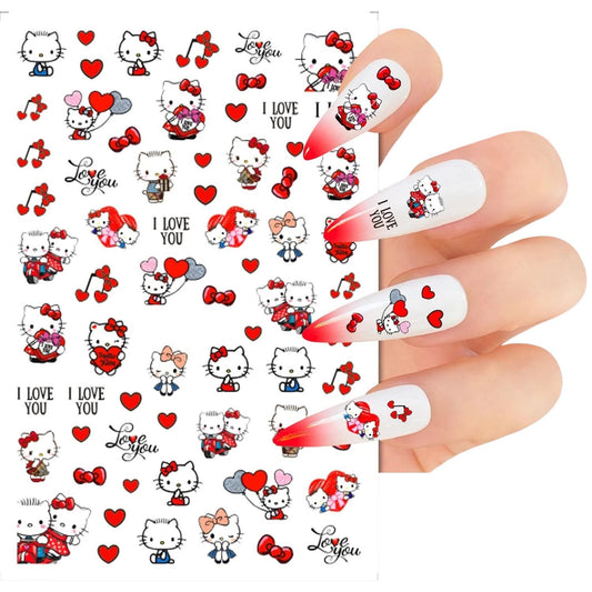 Kitty Nail Stickers – Valentine’s Day Kawaii Cats, Red & Pink Bows, Music Notes  Love Balloons – Cute “I Love You” Nail Art Decals