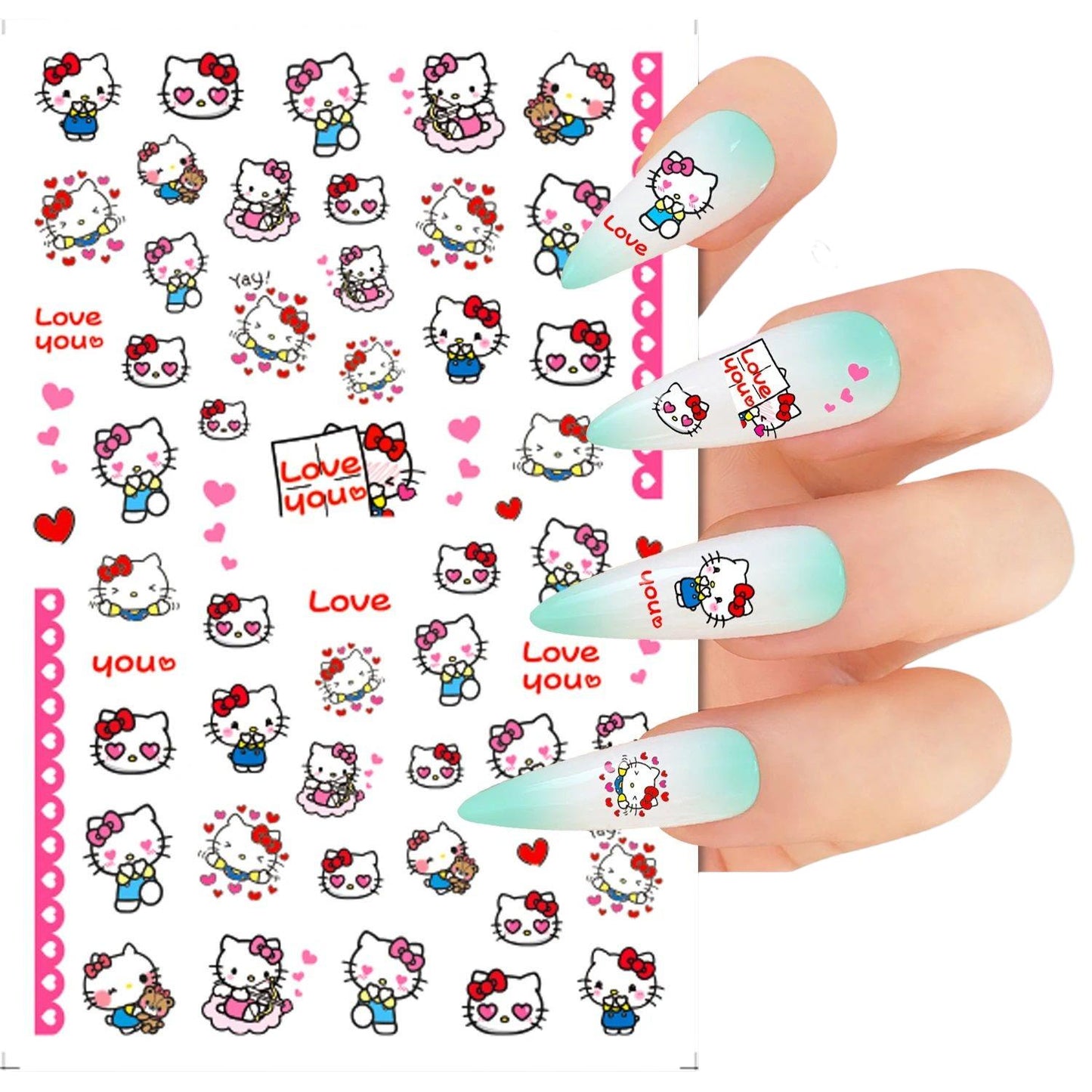 Kitty Nail Stickers – Valentine’s Day Kawaii Love, Red Bows & Pink Hearts – Cute Romantic Nail Art Decals – Sweet Valentine Nails