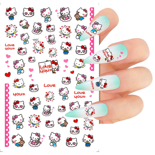 Kitty Nail Stickers – Valentine’s Day Kawaii Love, Red Bows & Pink Hearts – Cute Romantic Nail Art Decals – Sweet Valentine Nails