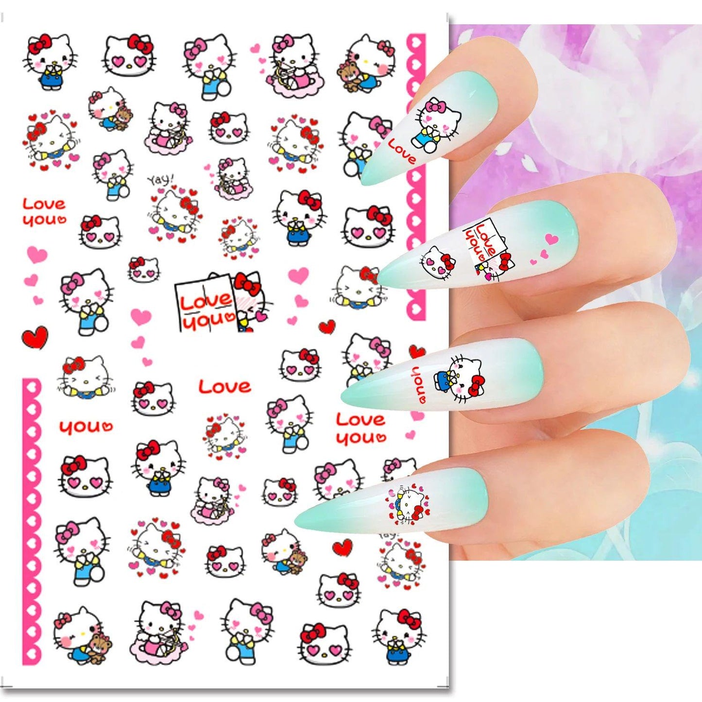 Kitty Nail Stickers – Valentine’s Day Kawaii Love, Red Bows & Pink Hearts – Cute Romantic Nail Art Decals – Sweet Valentine Nails