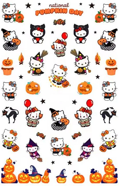 Kitty Nail Stickers - Hello Halloween, Spooky Cute Cats, Red Bats Bones, Black Cat Pumpkin - Kawaii Nail Art Decals for Gel, Acrylic Nails