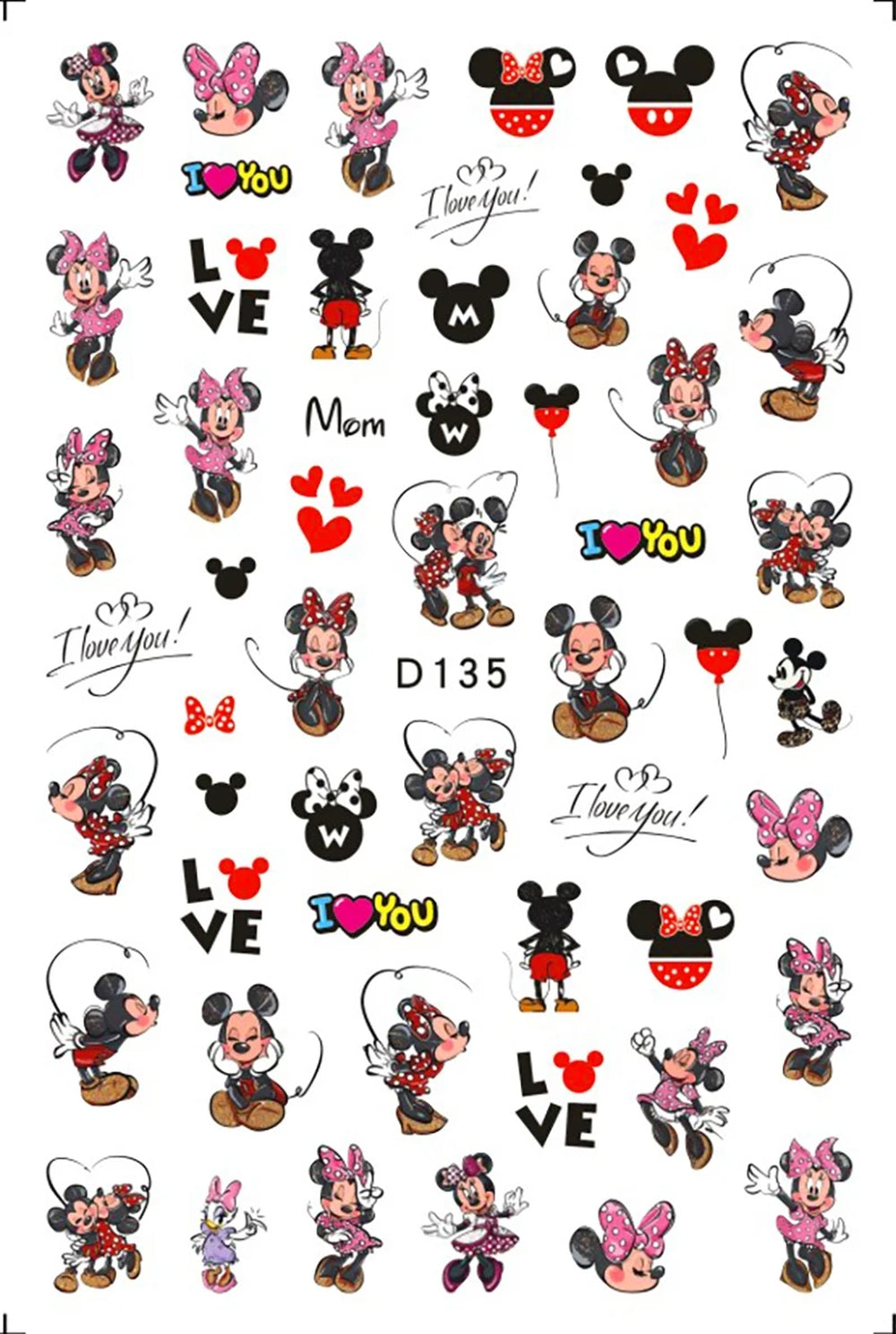 Ears Cute Minnie & Mickey in Love Nail Decals Sticker Salon Quality Nail Art Flower - Red Heart Ballon I Love You - Cute Mouse