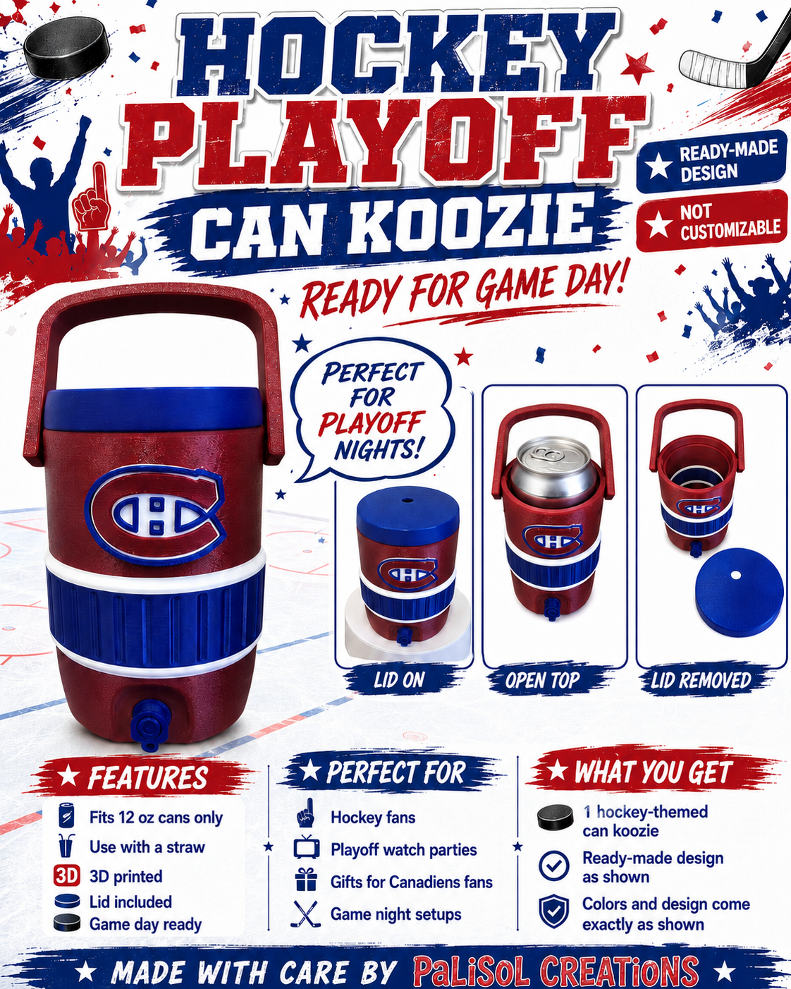 Hockey Playoff Can Koozie – Red, Blue & White 3D Printed Can Holder with Lid | Porte-canette hockey séries éliminatoires