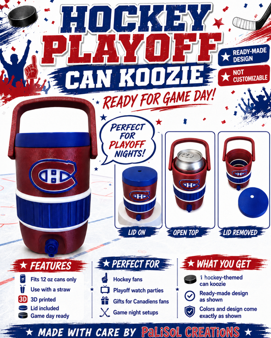 Hockey Playoff Can Koozie – Red, Blue & White 3D Printed Can Holder with Lid | Porte-canette hockey séries éliminatoires