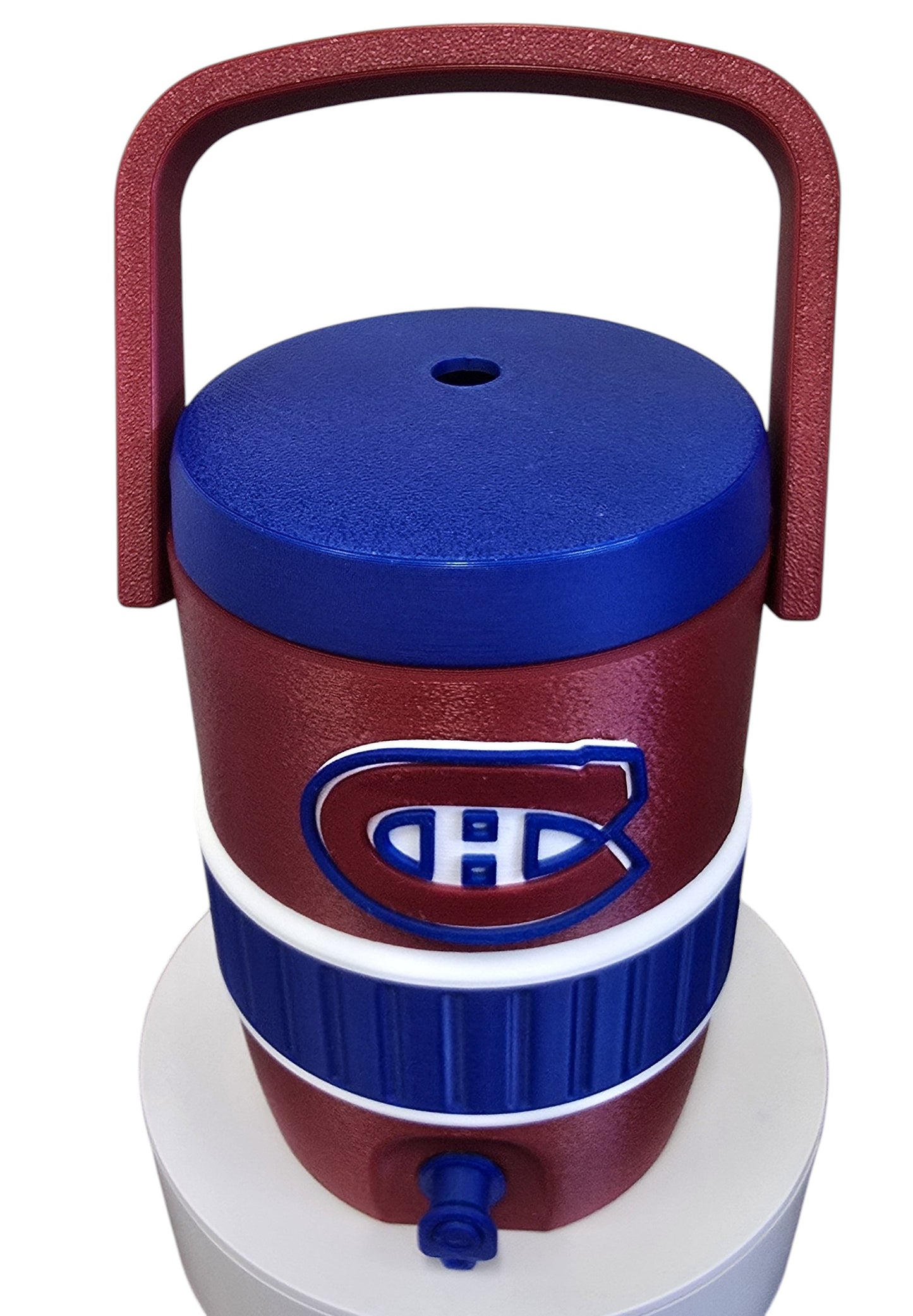 Hockey Playoff Can Koozie – Red, Blue & White 3D Printed Can Holder with Lid | Porte-canette hockey séries éliminatoires