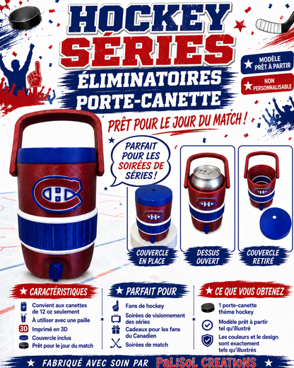 Hockey Playoff Can Koozie – Red, Blue & White 3D Printed Can Holder with Lid | Porte-canette hockey séries éliminatoires